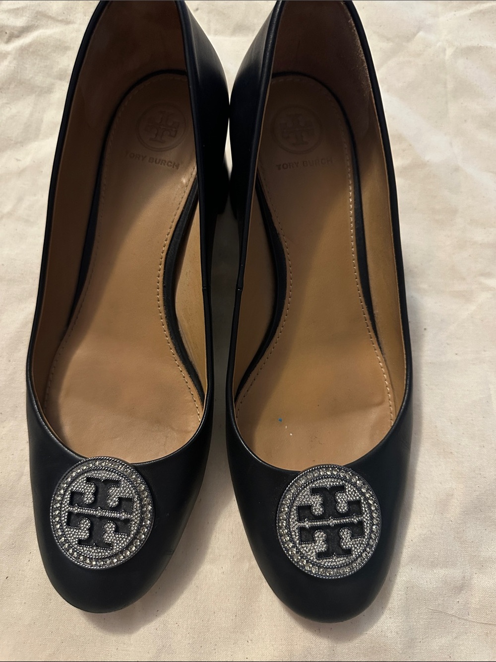 Tory Burch Black Leather Logo Medallion Block Heels